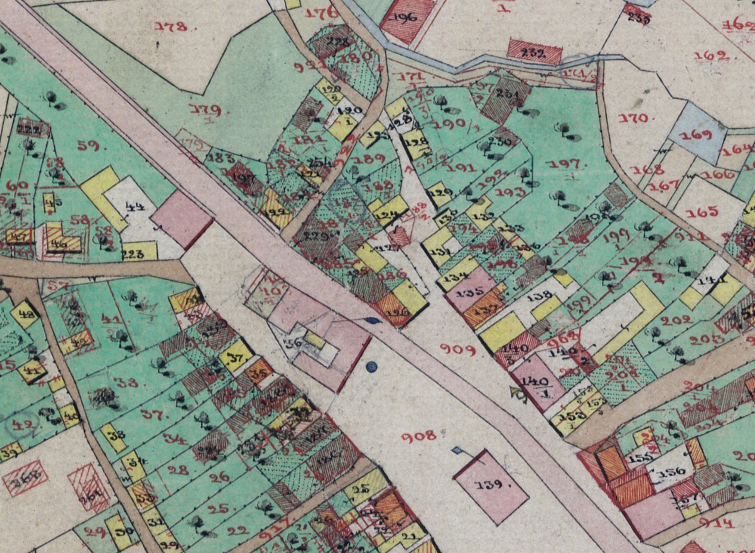 1850 cadastral map of Brzostek showing the Jewish quarter